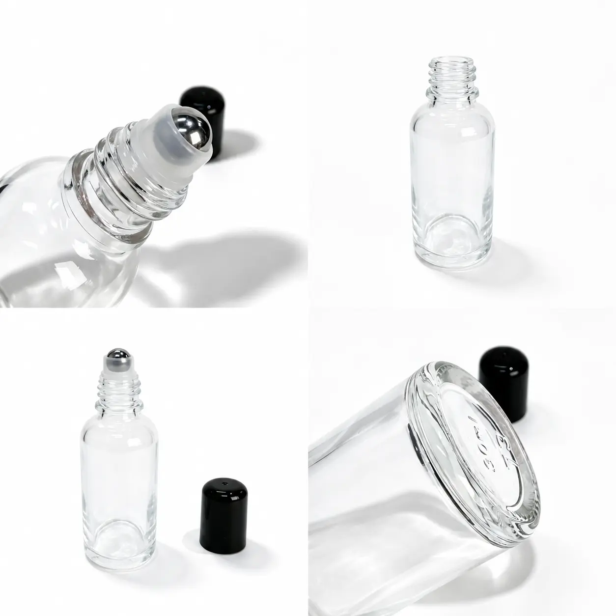 30ml Clear Glass Roll On Perfume Bottle Component Detail Views 30ml clear glass empty rollerball perfume bottle detail views showing bottle roller applicator cap and component structure