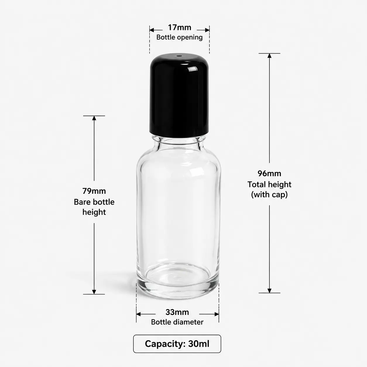 30ml Clear Glass Roll On Perfume Bottle Dimensions and Capacity 30ml clear glass rollerball perfume bottle showing 33 mm width 96 mm capped height 79 mm bottle height and 30ml capacity