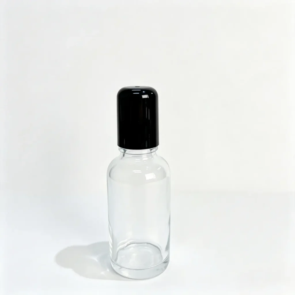 30ml clear glass roll on perfume bottle shown upright with matching cap and rounded cylindrical bottle profile
