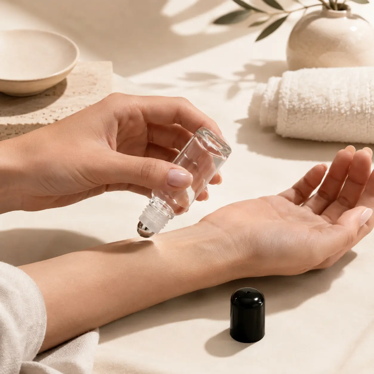 30ml Clear Glass Roll On Perfume Bottle Hand Application 30ml clear glass rollerball perfume bottle being applied by hand with the roller applicator exposed