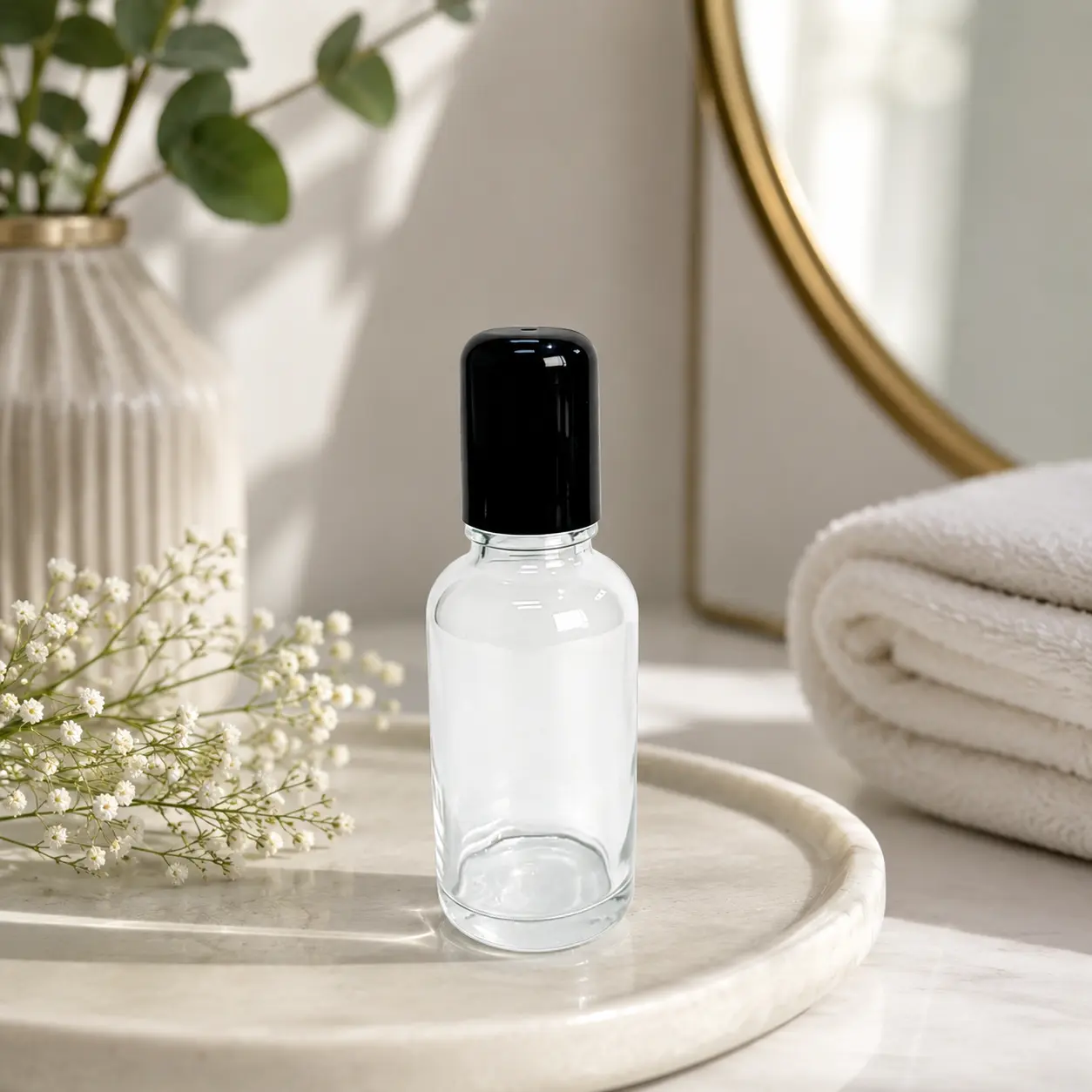 30ml Clear Glass Roll On Perfume Bottle Tray Scene 30ml clear glass empty rollerball perfume bottle displayed on a tray in a styled fragrance packaging scene