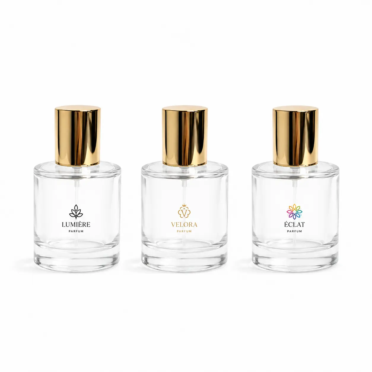 30ml custom cylindrical glass perfume bottle showing a logo decoration reference on the round bottle surface