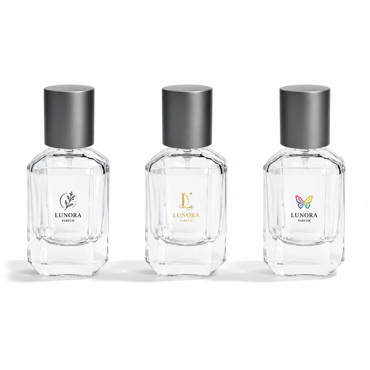 30ml custom faceted glass perfume bottle showing a logo decoration reference on the angular bottle surface