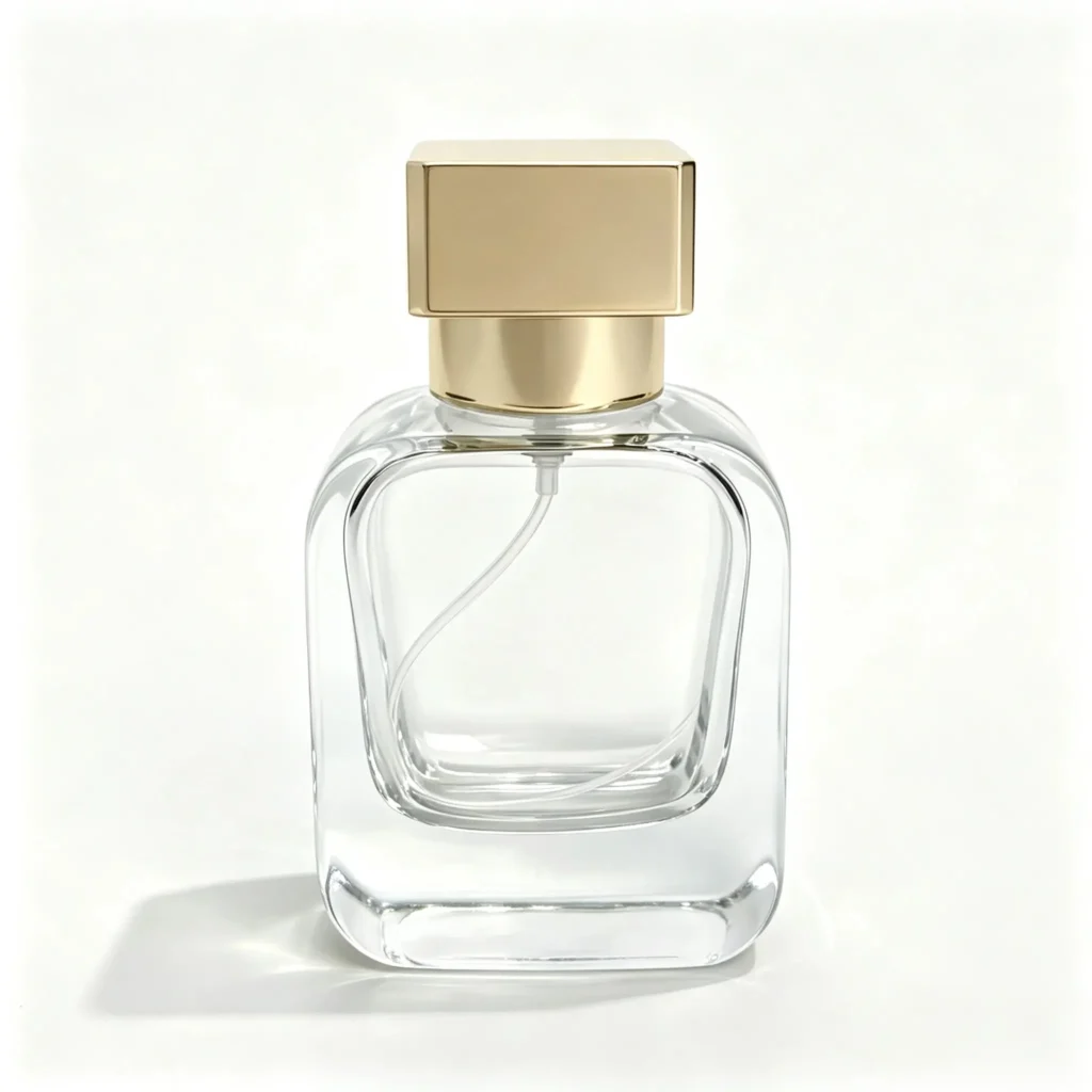 30ml custom square concave perfume bottle shown in complete front view with crimp sprayer and outer cap