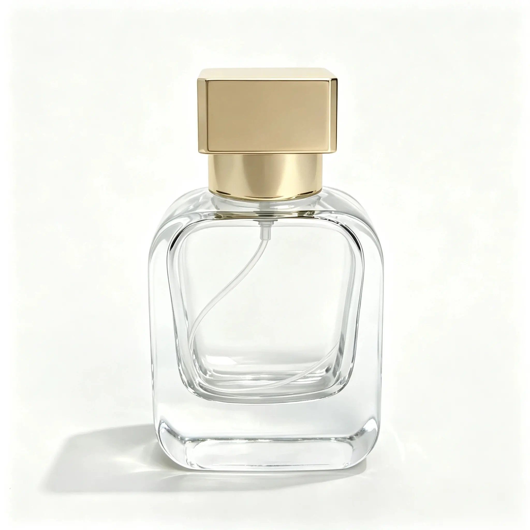 30ml Custom Square Concave Perfume Bottle Front View 30ml custom square concave perfume bottle shown in complete front view with crimp sprayer and outer cap