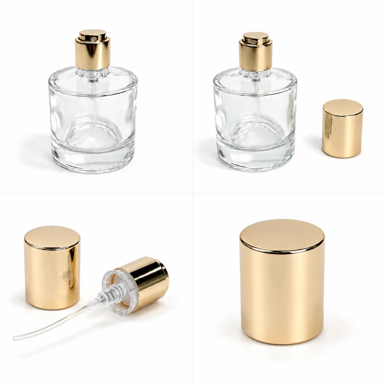 30ml cylindrical glass perfume bottle detail views highlighting the compact round body gold cap and fragrance packaging components
