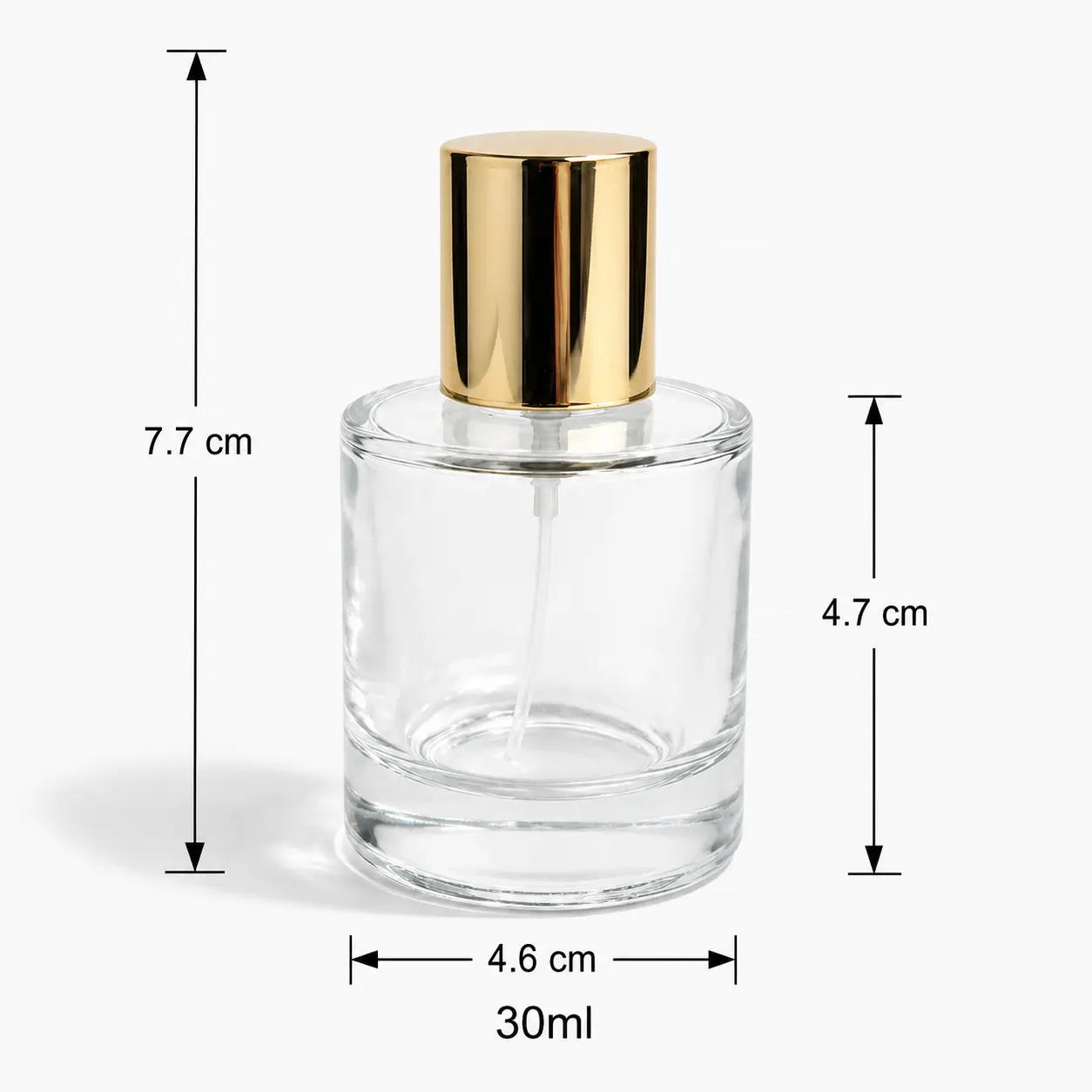 30ml cylindrical glass perfume bottle dimensions showing 30 mm width 30 mm depth and 77 mm overall height with cap