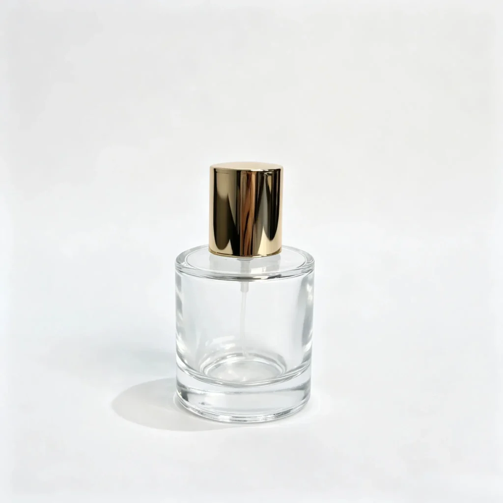 30ml cylindrical glass perfume bottle shown in complete front view with crimp sprayer and gold outer cap