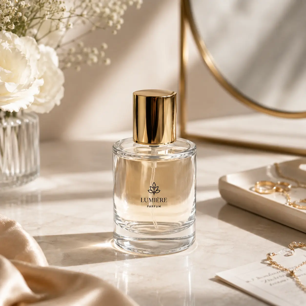 30ml cylindrical glass perfume bottle displayed in a fragrance packaging scene with its gold outer cap
