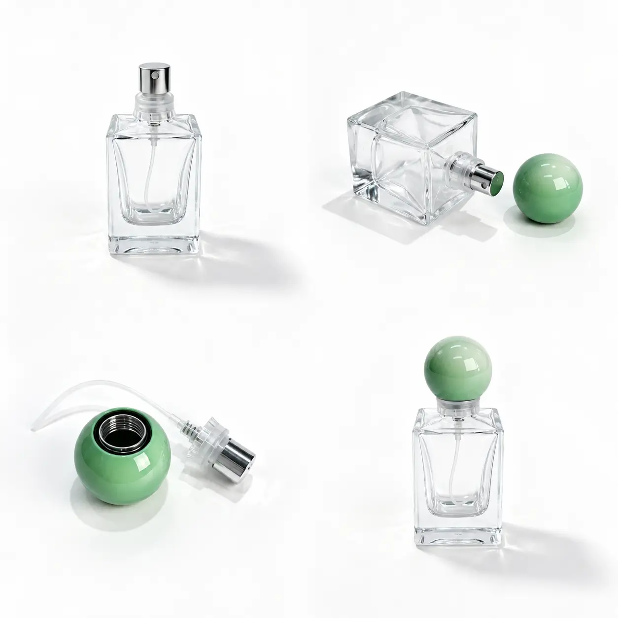 30ml double layer glass perfume bottle detail composition showing the bottle structure, crimp components and green ball cap