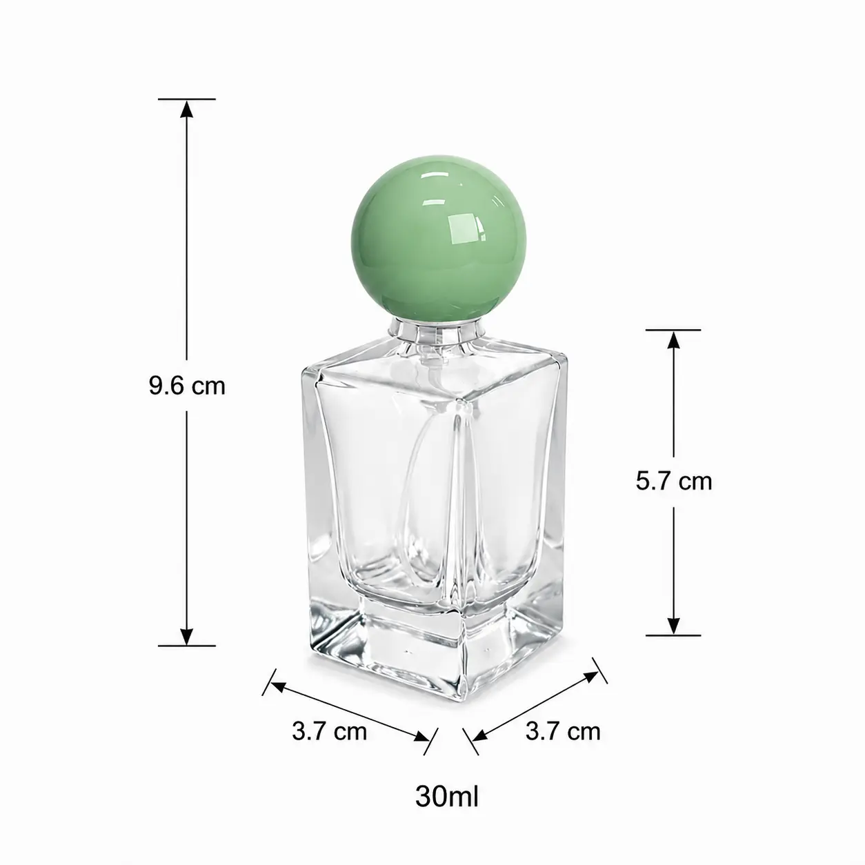 30ml double layer glass perfume bottle dimensions showing 37 mm width, 37 mm depth and 96 mm overall height with cap