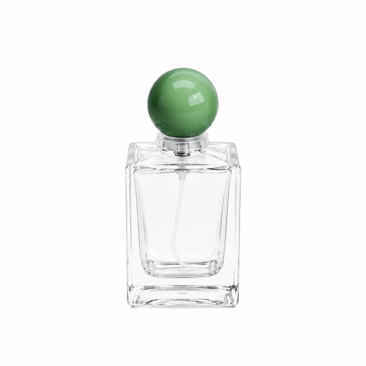 30ml double layer glass perfume bottle shown in complete front view with crimp sprayer and green ball shaped outer cap