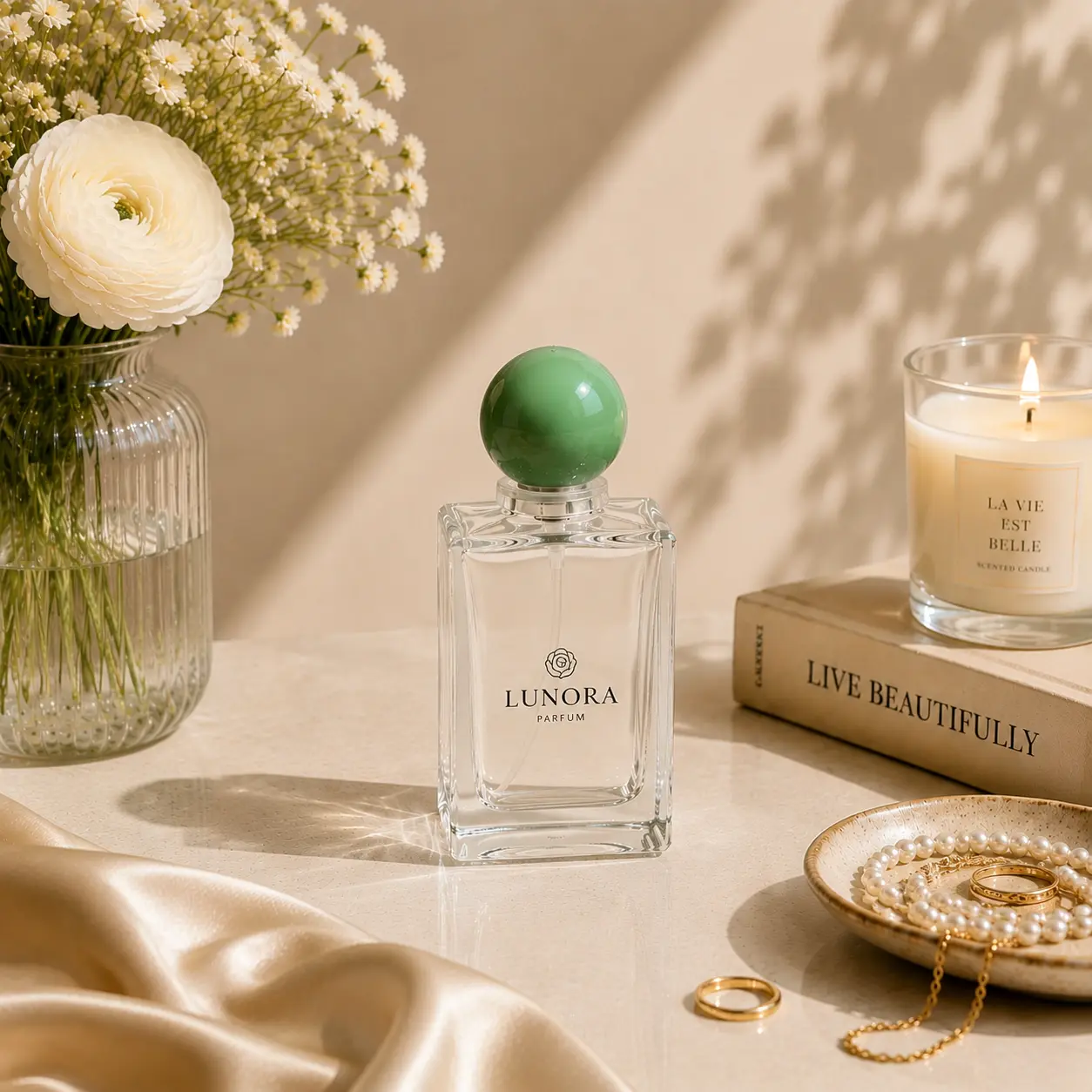 30ml double layer glass perfume bottle displayed in a fragrance packaging scene with its green ball shaped cap