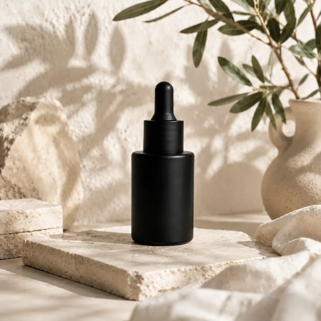 Matte black 30ml essential oil dropper bottle filled with liquid and presented in a styled product setting