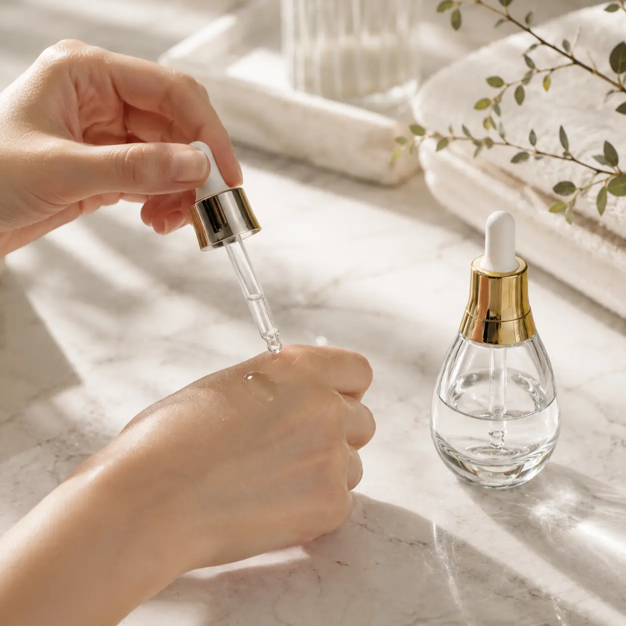 30ml Glass Serum Dropper Bottle Application Scene 30ml Glass Serum Dropper Bottle shown in a skincare application setting with the dropper dispensing liquid