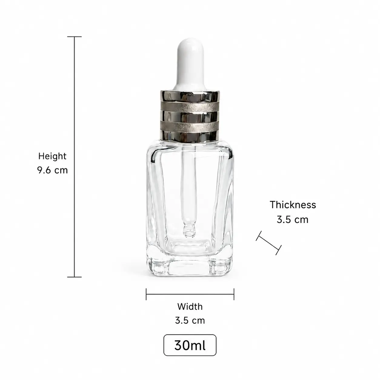 30ml Glass Serum Dropper Bottle Dimensions and Capacity 30ml glass serum dropper bottle dimensions showing 35 × 35 × 96 mm overall size and 71 mm bottle height without cap