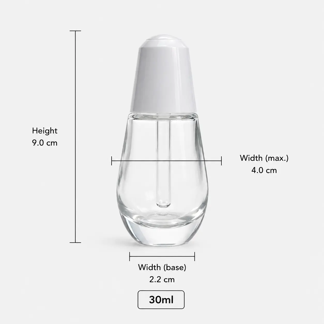 30ml Glass Serum Dropper Bottle Dimensions and Capacity 30ml glass serum dropper bottle dimensions showing 22 by 40 by 90 mm overall size and 65 mm bottle height without cap