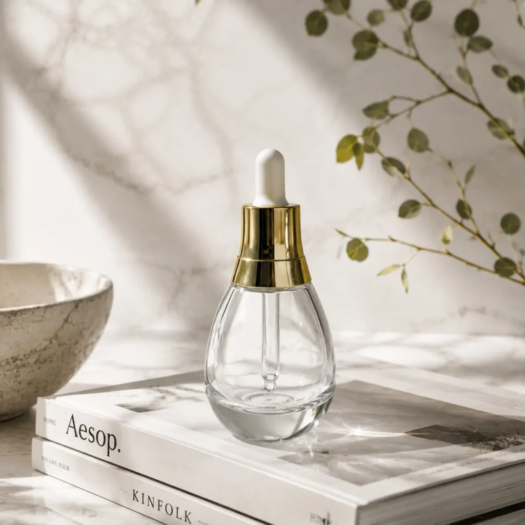 30ml Glass Serum Dropper Bottle displayed upright in a styled product scene for serum packaging presentation.