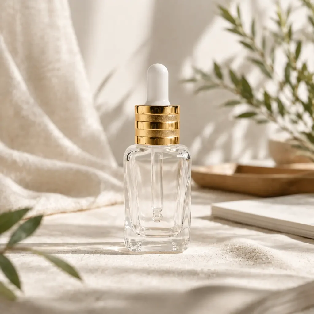 30ml glass serum dropper bottle displayed upright in a product presentation scene