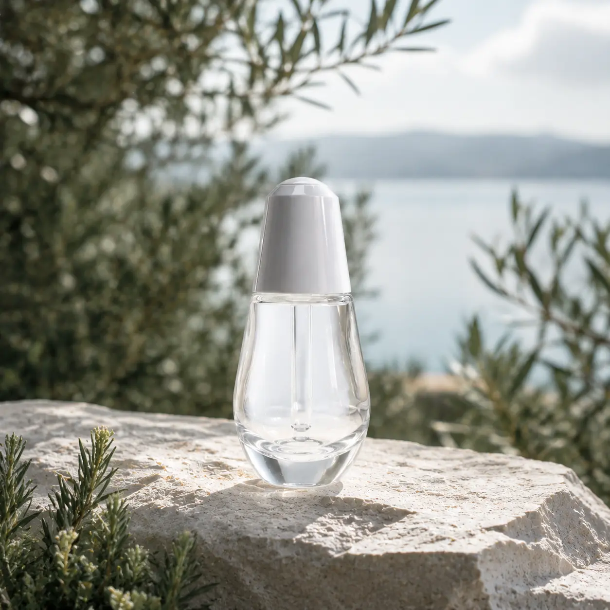 30ml Glass Serum Dropper Bottle Front Scene 30ml glass serum dropper bottle shown upright in a skincare packaging presentation scene