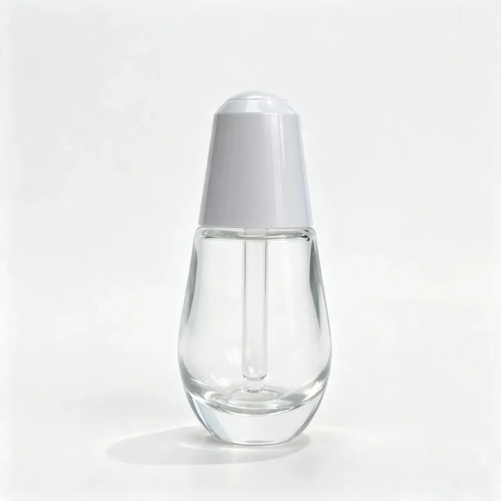 Vista frontale della boccetta contagocce per siero in vetro 30ml completa con la sua chiusura contagocce assemblata.