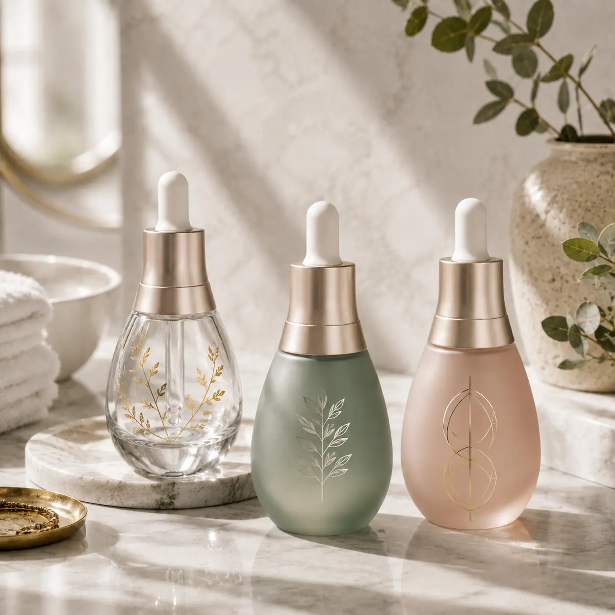 30ml Glass Serum Dropper Bottle Printing Color Reference 30ml Glass Serum Dropper Bottle shown with different color and printing effects for packaging customization reference