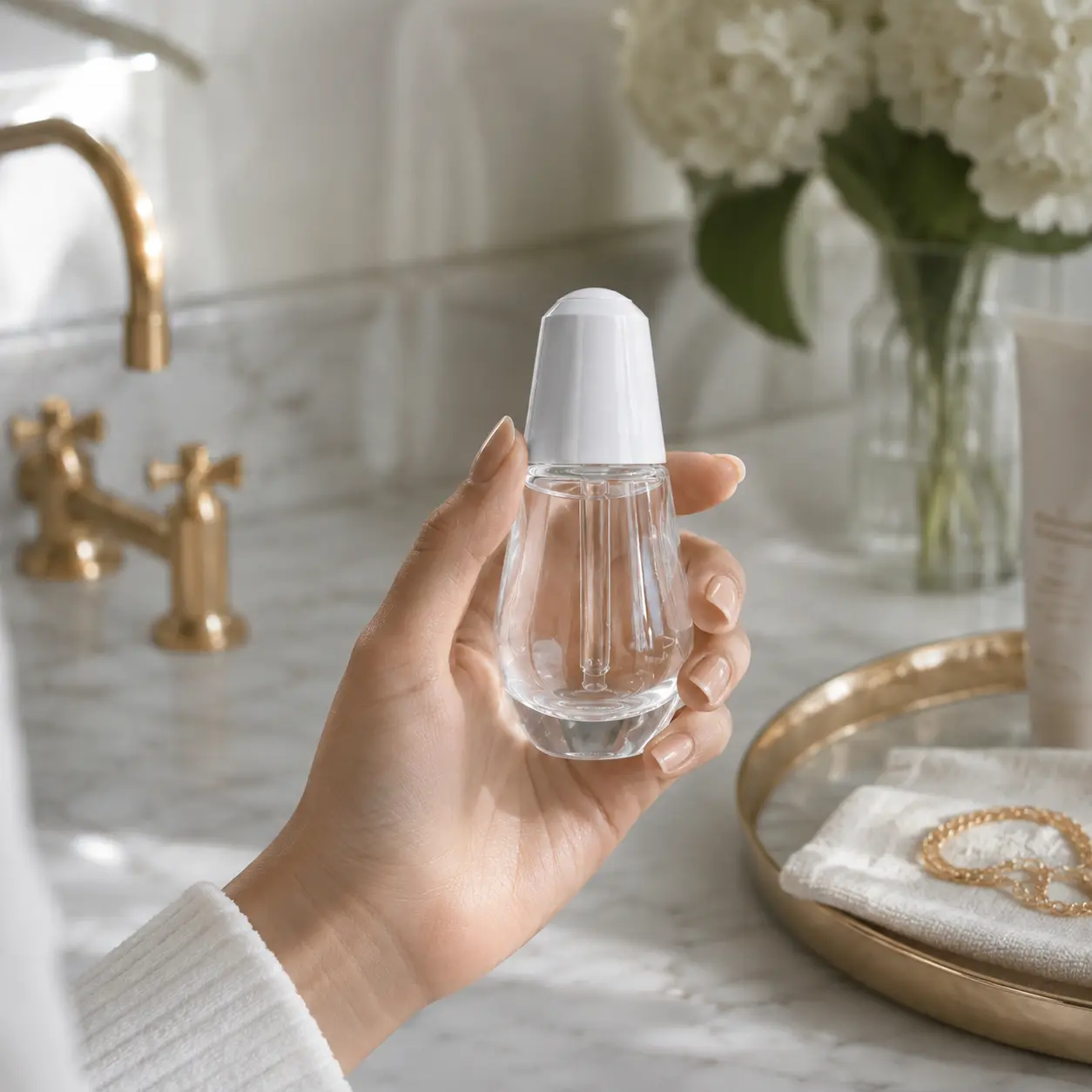 30ml Glass Serum Dropper Bottle Usage Scene 30ml glass serum dropper bottle presented in a skincare use setting with the dispensing format visible