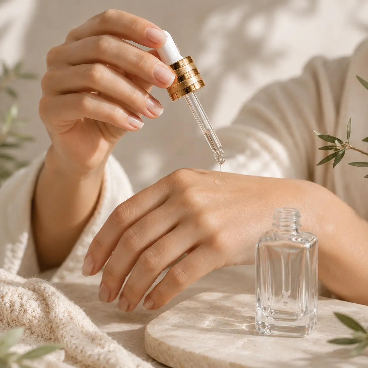 30ml Glass Serum Dropper Bottle Usage Scene 30ml glass serum dropper bottle shown in a cosmetic serum usage setting
