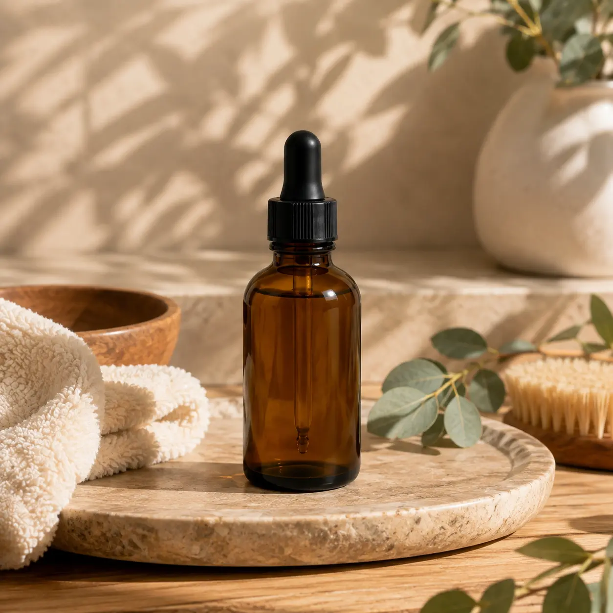 30ml-Gold-Boston-Round-Oil-Bottle-Bathroom-Stone-Scene 30ml gold Boston round oil bottle with dropper displayed on a stone surface in a bathroom setting