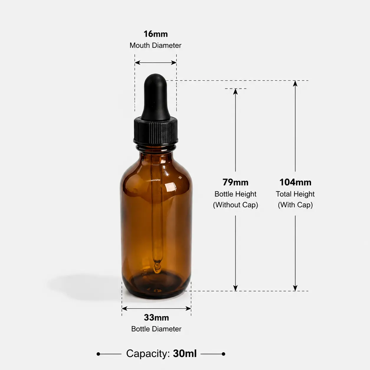 30ml-Gold-Boston-Round-Oil-Bottle-Dimensions-and-Capacity 30ml gold Boston round oil bottle dimensions showing 33 mm width and 104 mm overall height with dropper