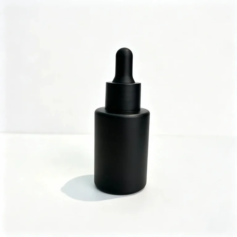 Matte black 30ml essential oil dropper bottle with a cylindrical body and matching black dropper on a white background