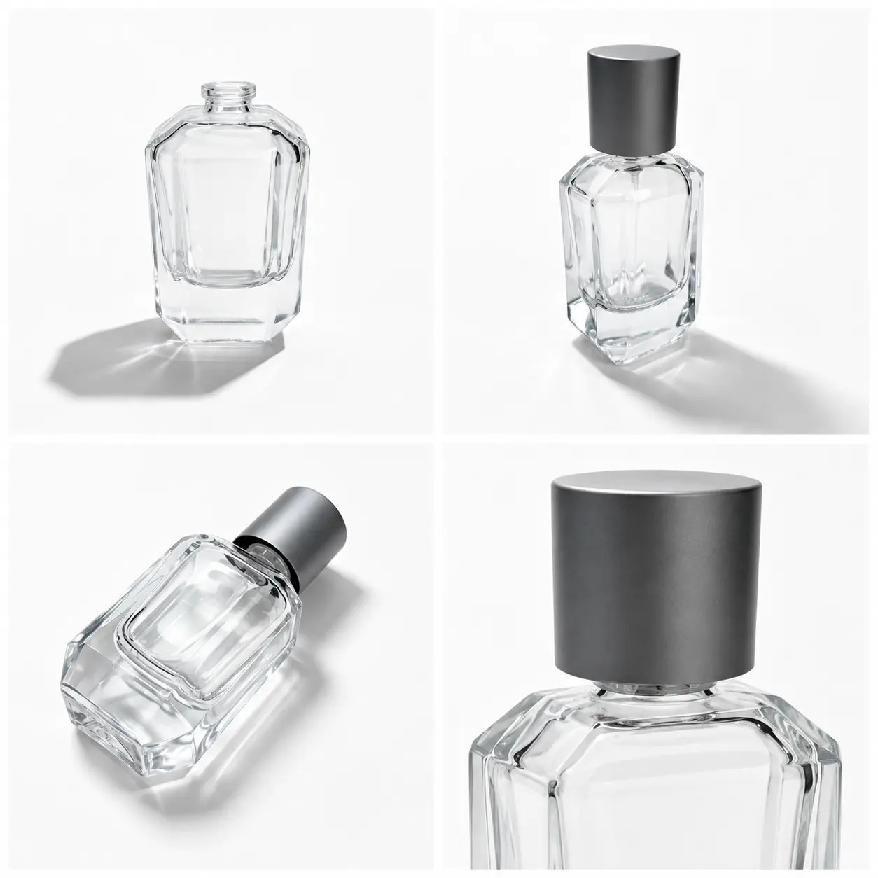 30ml multi faceted glass perfume bottle detail views highlighting the angular glass surfaces and fragrance packaging components