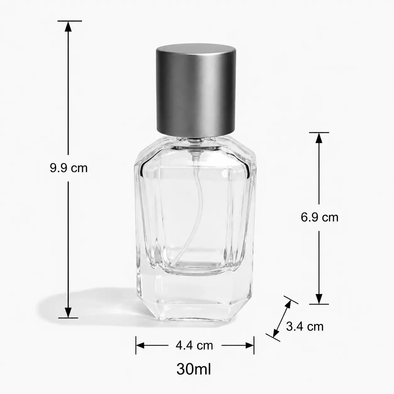 30ml multi faceted glass perfume bottle dimensions showing 44 mm width 34 mm depth and 99 mm overall height with cap