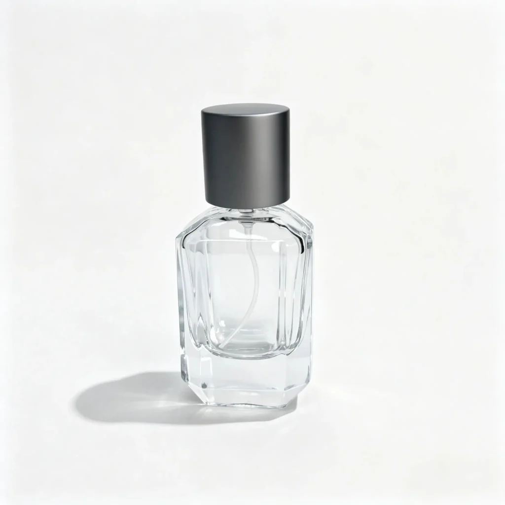 30ml multi faceted glass perfume bottle shown in complete front view with crimp spray components and outer cap