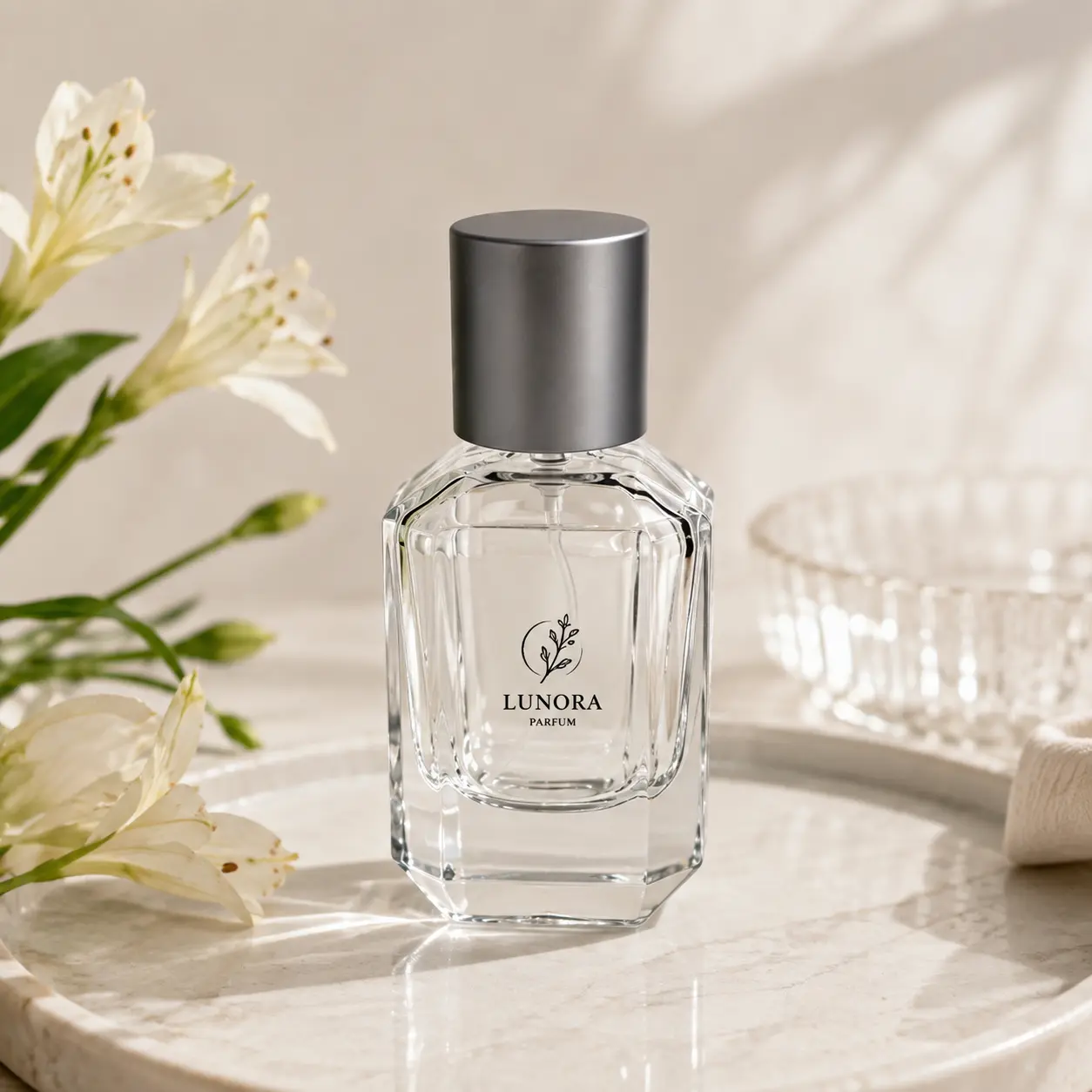 30ml multi faceted glass perfume bottle displayed in a fragrance packaging scene with its complete closure combination