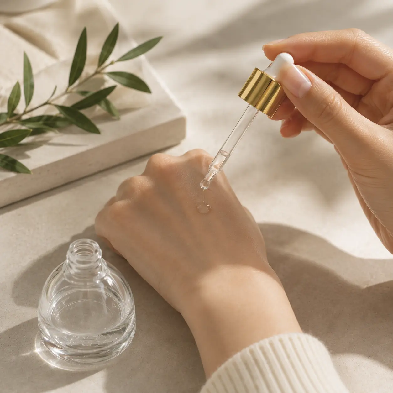 30ml serum dropper bottle shown in a skincare application setting with the dispensing format visible