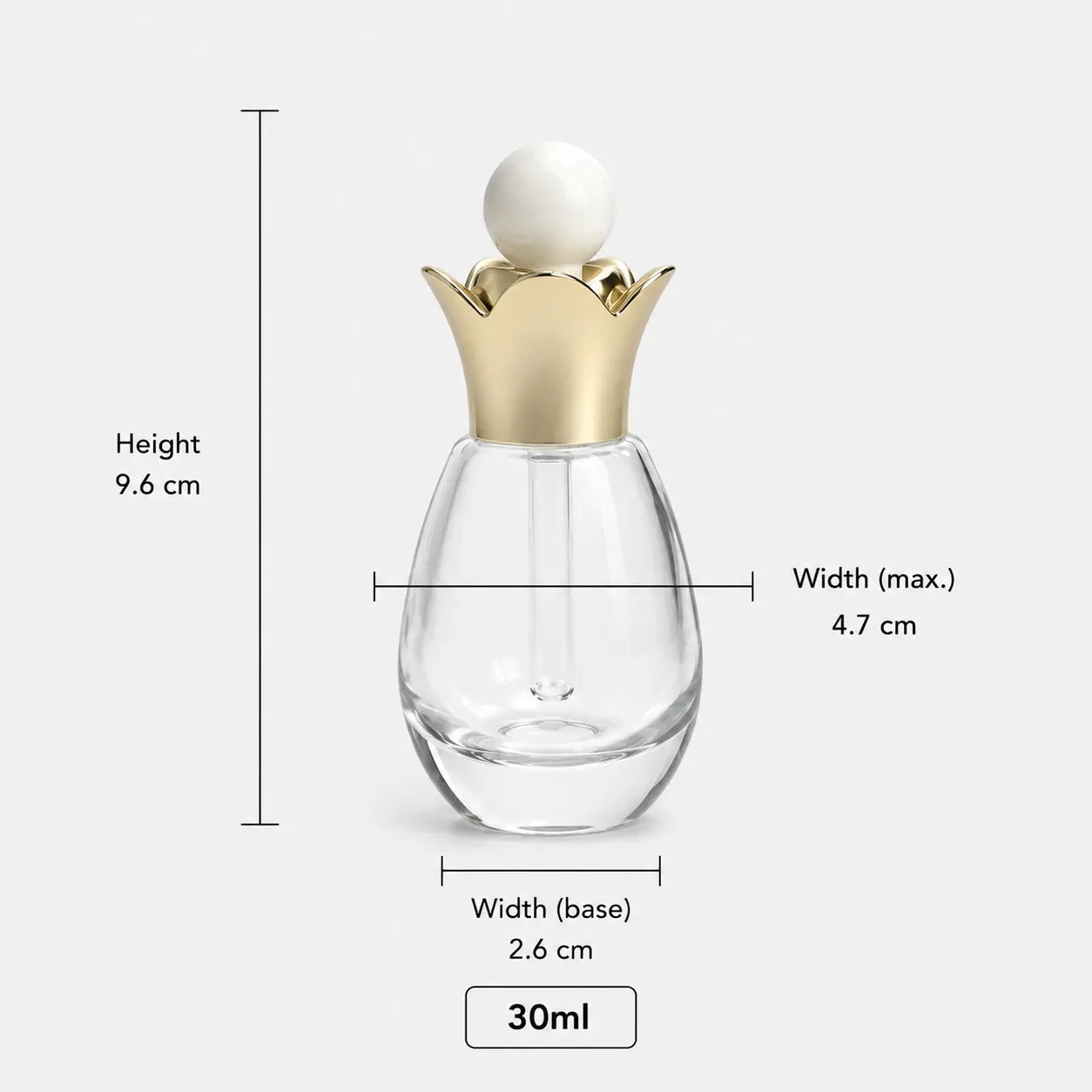 30ml serum dropper bottle dimensions showing 26 × 47 × 96 mm including cap and 72 mm bottle height without cap