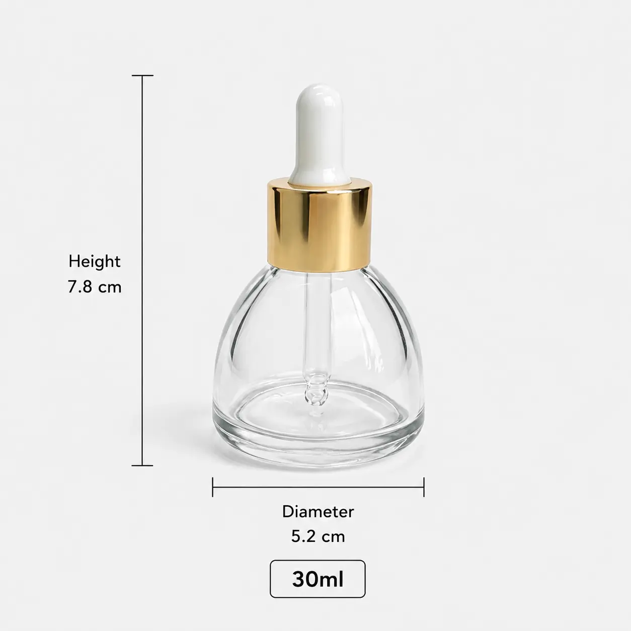 Size and capacity reference for the compact 30ml serum dropper bottle