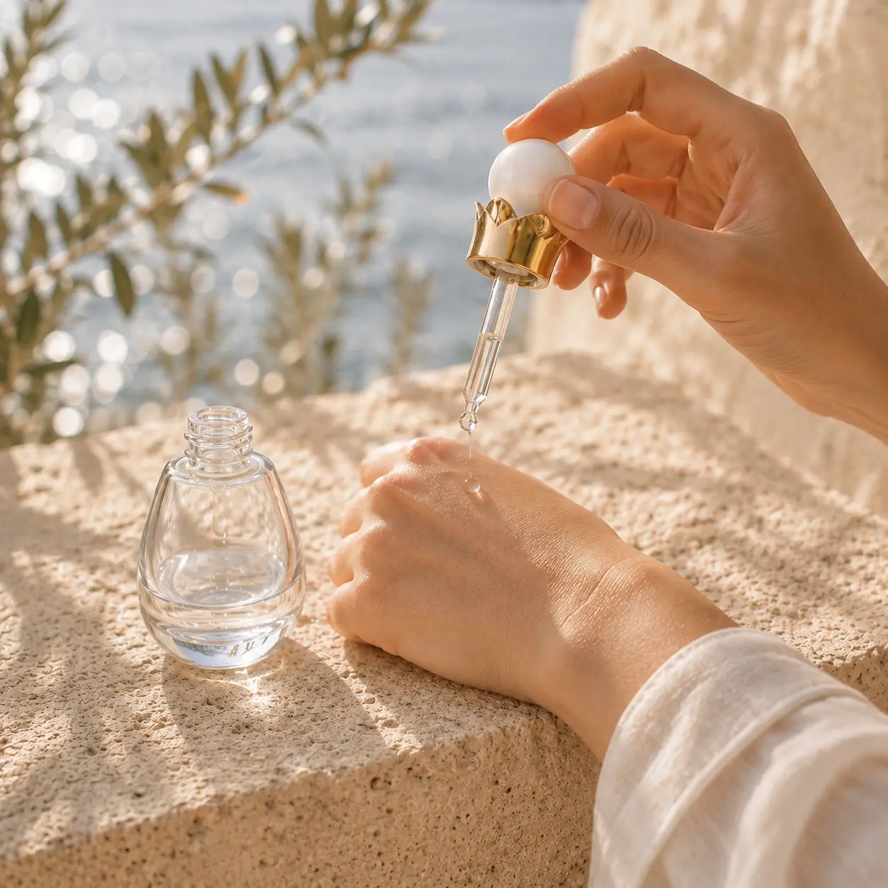 30ml serum dropper bottle shown in a skincare application scene with the dropper in use