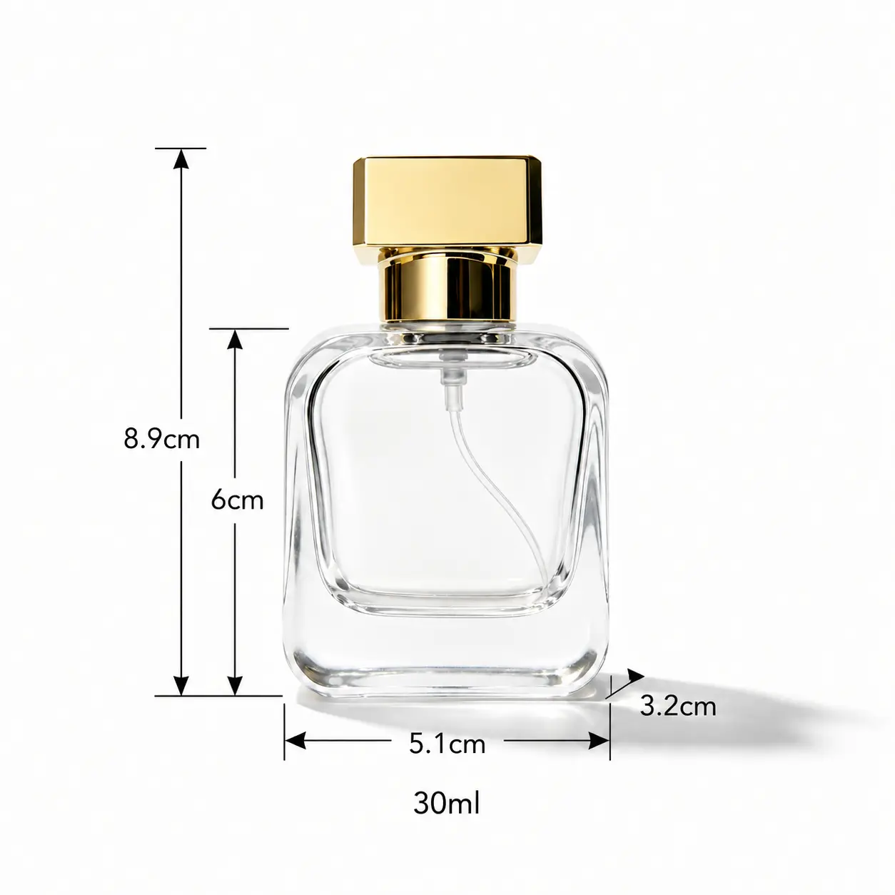 30ml Square Concave Perfume Bottle Dimensions and Capacity 30ml square concave perfume bottle dimensions showing 51 mm width, 32 mm depth and 89 mm overall height with cap