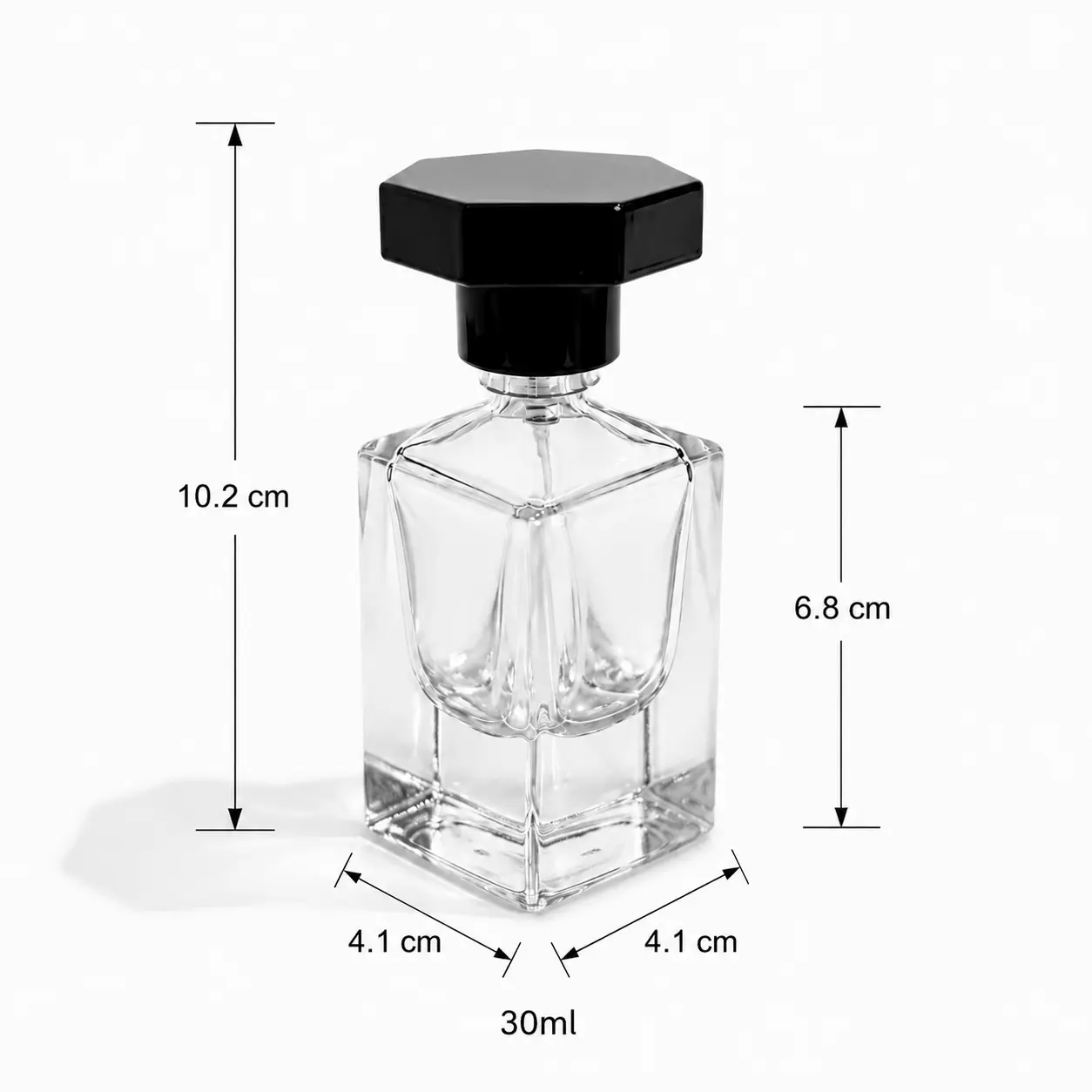 30ml Square Glass Perfume Bottle Dimensions and Capacity 30ml square glass perfume bottle dimensions showing 41 mm width, 41 mm depth and 102 mm overall height with cap