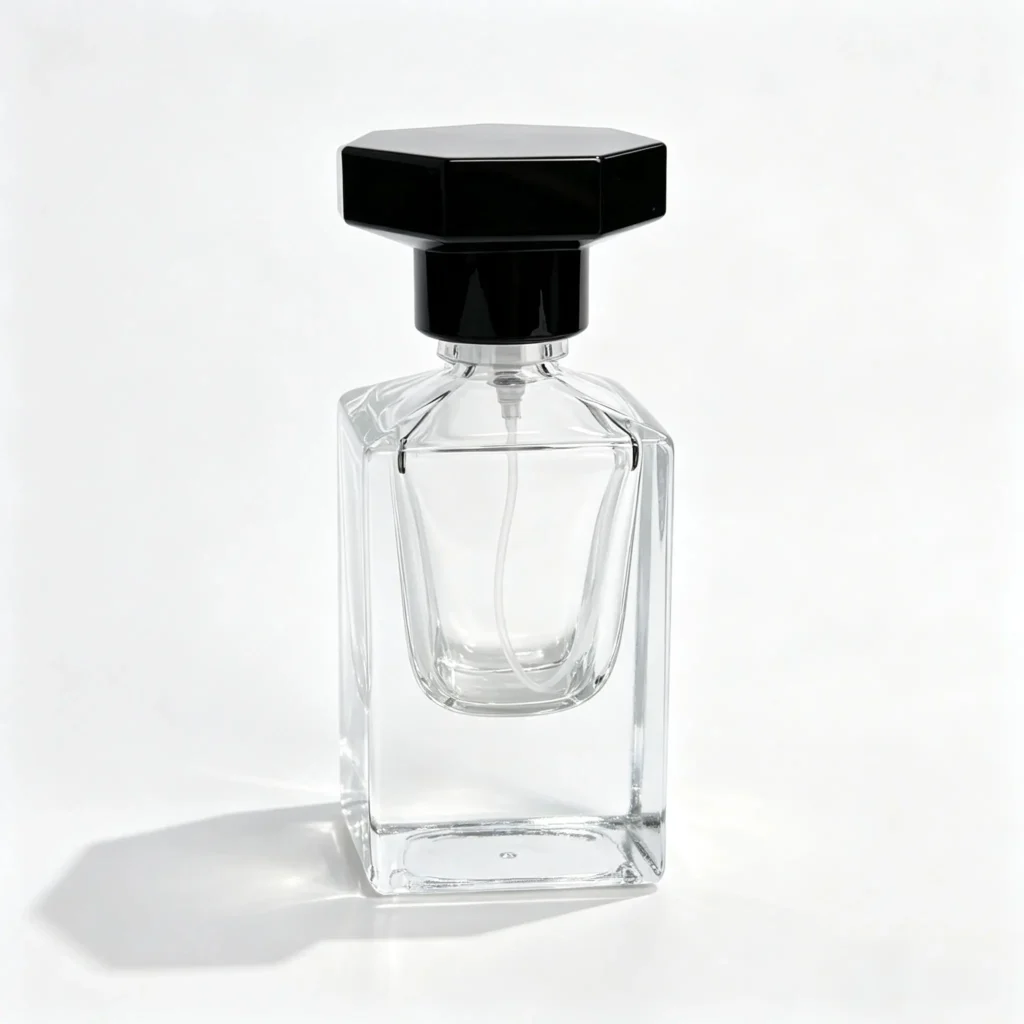 30ml square glass perfume bottle shown in complete front view with crimp sprayer and octagonal black outer cap