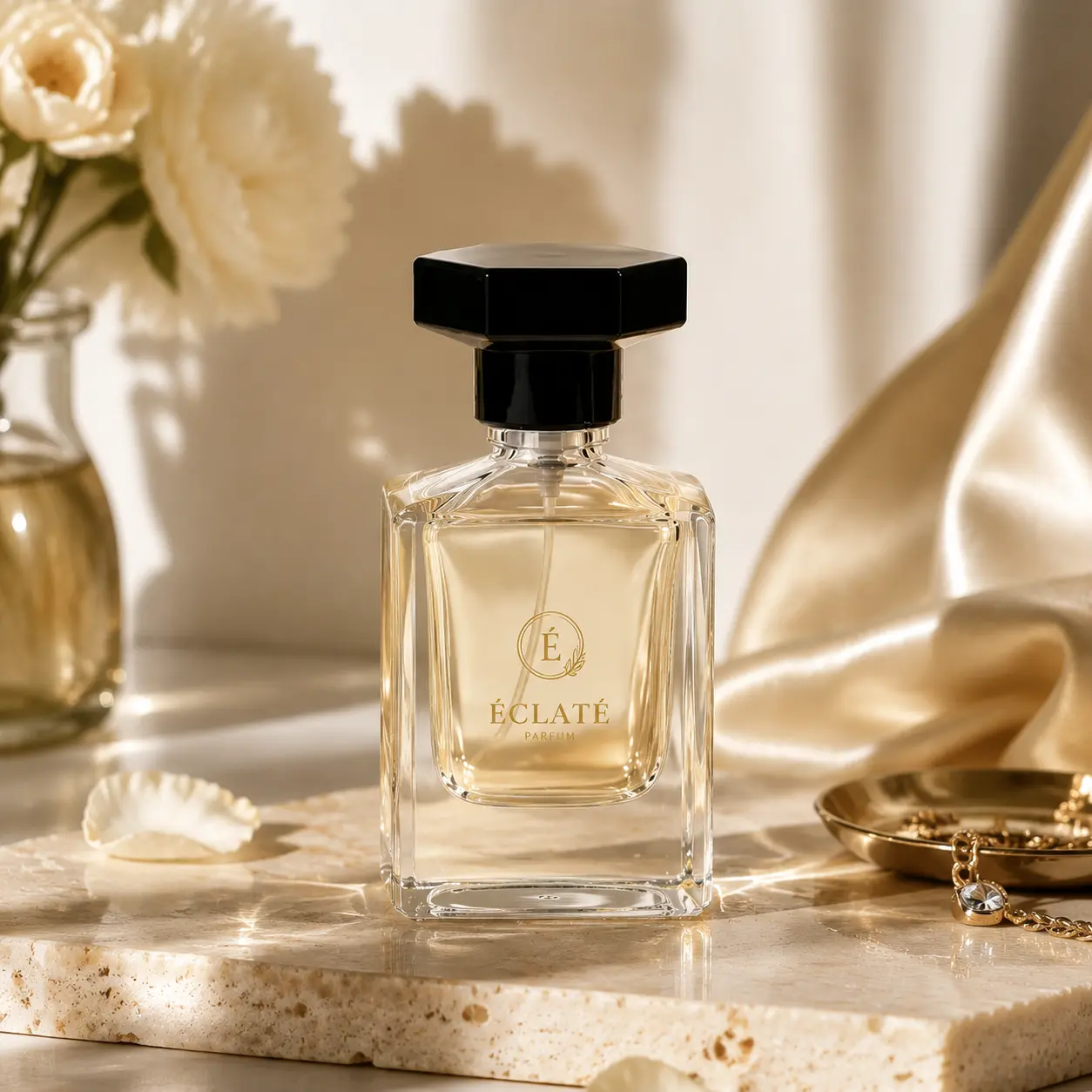 30ml Square Glass Perfume Bottle Packaging Scene 30ml square glass perfume bottle displayed in a fragrance packaging scene with its octagonal black outer cap