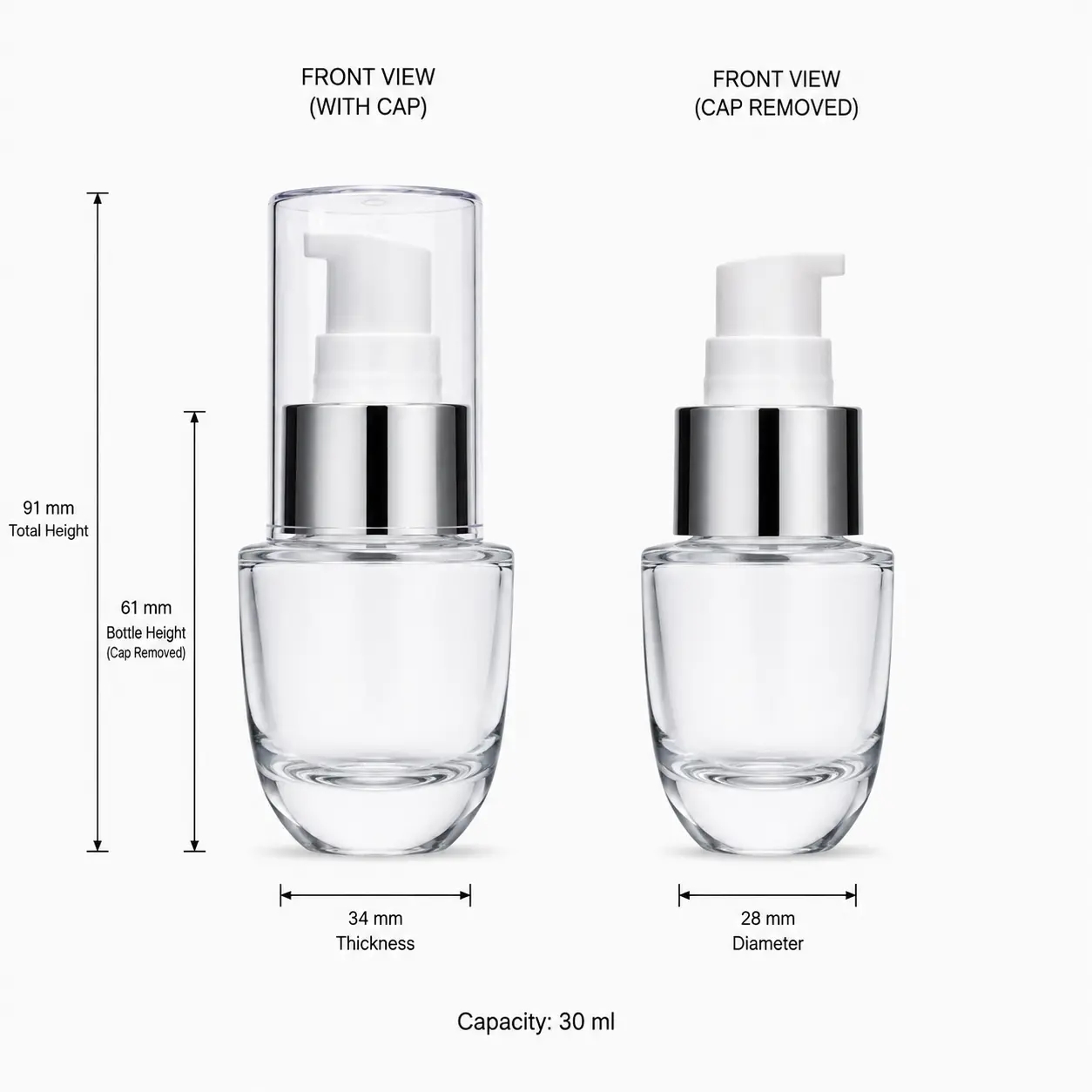 30ml Transparent Lotion Bottle Dimensions and Capacity 30ml transparent lotion bottle dimension diagram showing 34 mm width, 28 mm thickness, 91 mm assembled height and 30ml capacity