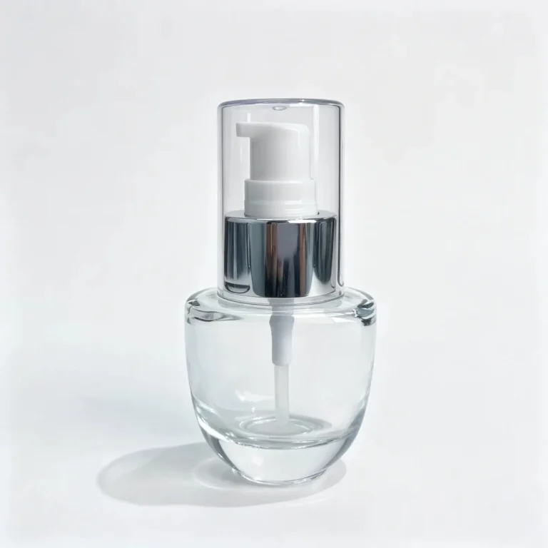 Front view of the assembled 30ml transparent lotion bottle with its dispensing closure components