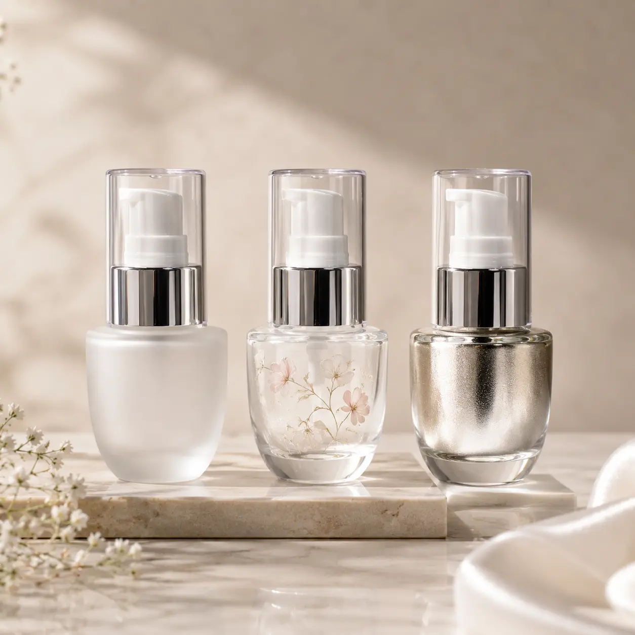 30ml Transparent Lotion Bottle Printing Color Reference 30ml transparent lotion bottle shown with different printing and color customization references
