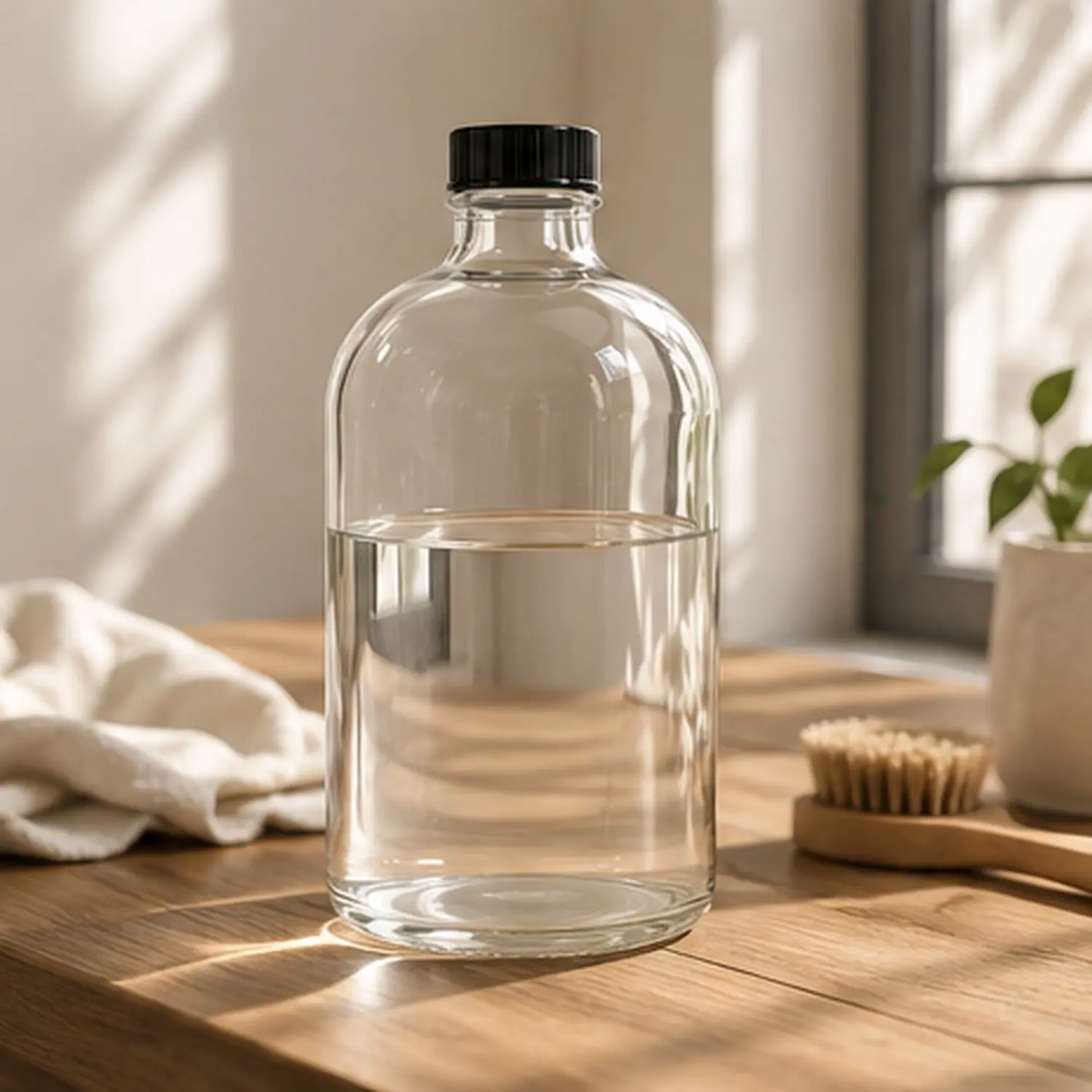 1000ml Clear Boston Round Bottle Liquid Packaging Scene 1000ml clear Boston round bottle filled with liquid and displayed upright on a tabletop in a packaging application scene