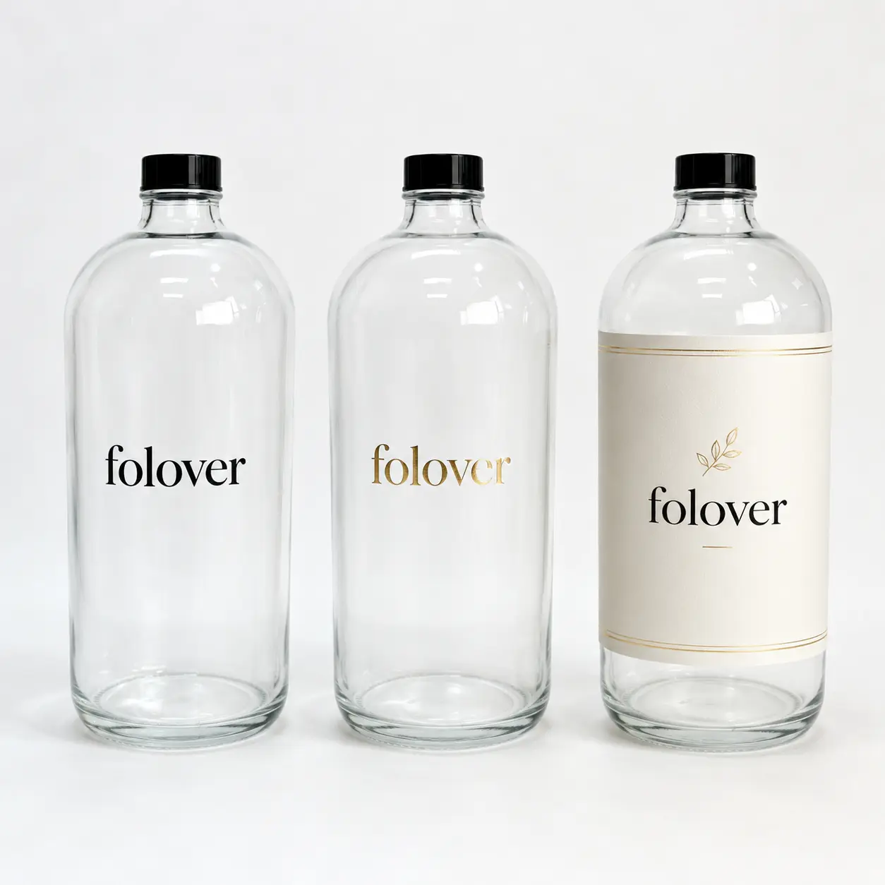 1000ml Clear Boston Round Bottle Logo Customization Reference 1000ml clear Boston round bottle displayed with custom logo decoration examples for branded packaging reference