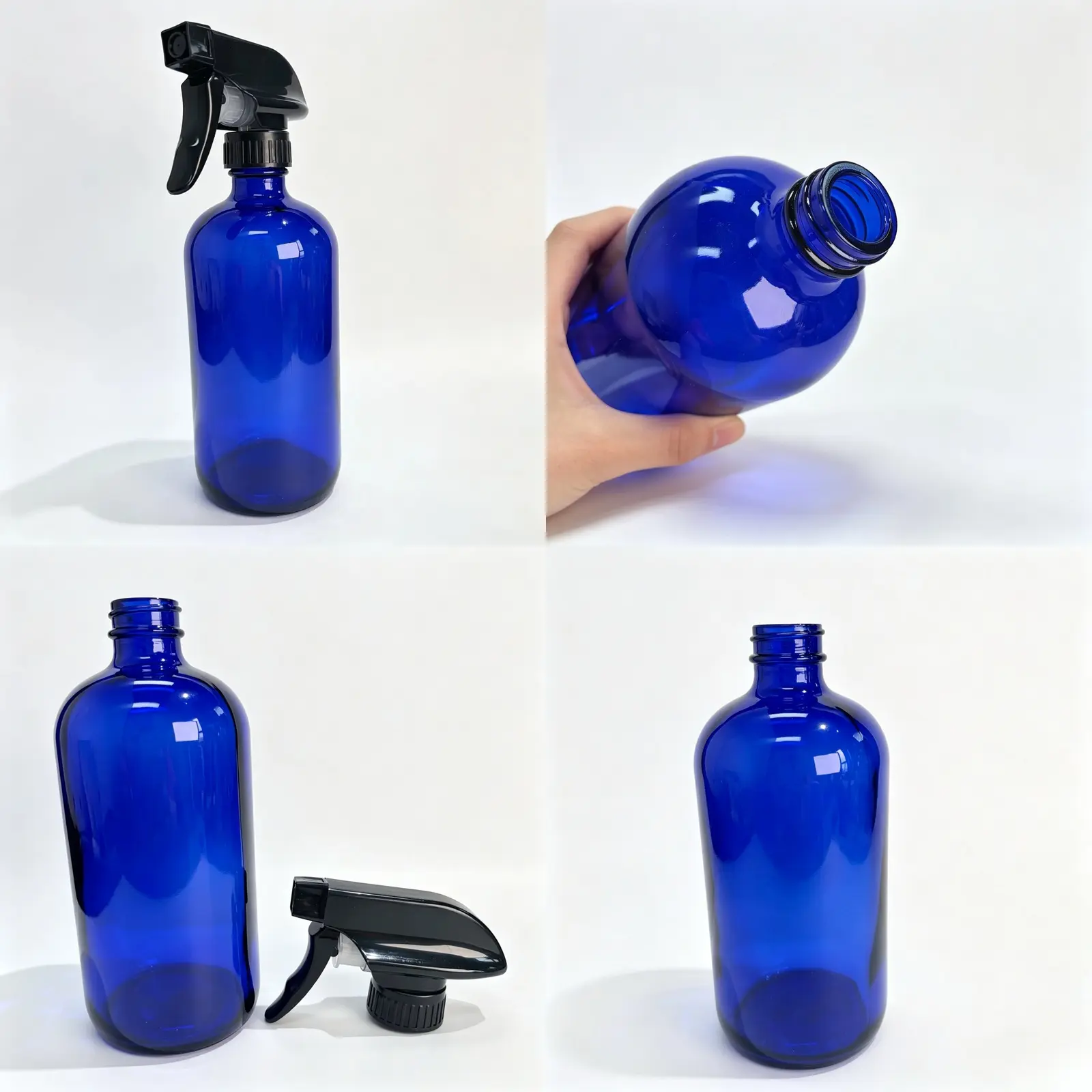 500ml Blue Boston Round Bottle Detail Views Multiple detail views of the 500ml blue Boston round bottle showing the bottle and closure structure.