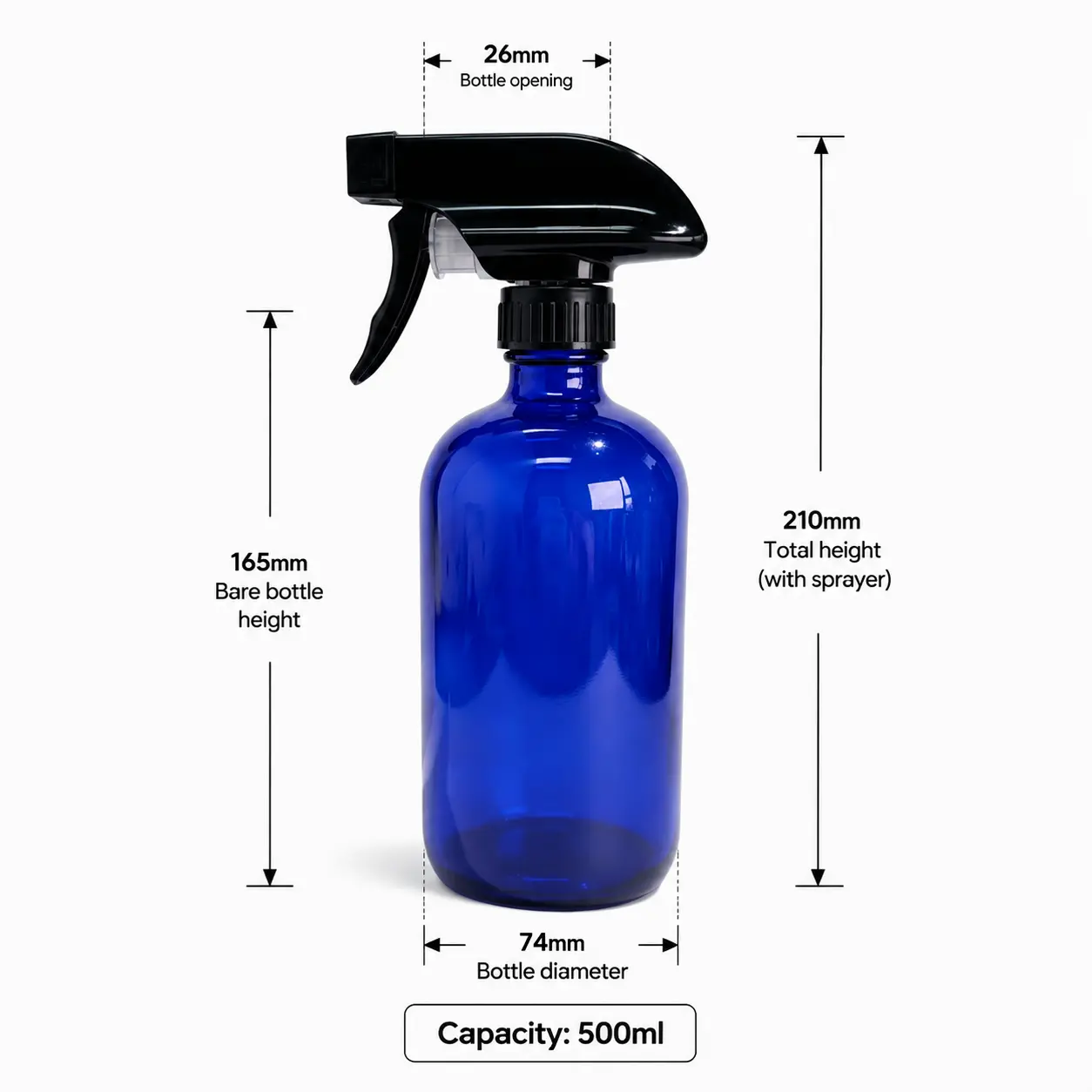 500ml Blue Boston Round Bottle Dimensions and Capacity 500ml blue Boston round bottle dimensions showing 66 × 66 × 172 mm overall size and 500ml capacity.